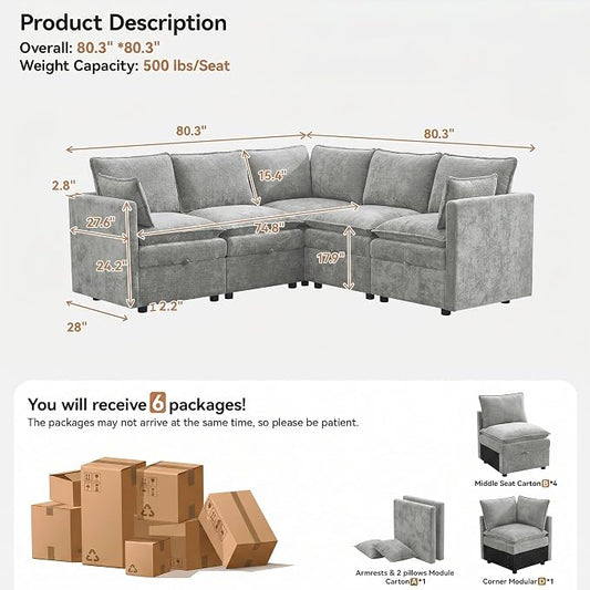 80" Light Grey Modular Storage Sofa, V Shaped Chenille Cloud Couch | Oversized Convertible Sectional Sofa, 5-Seat Sectional Couch With Armrests, Large Cloud Couch For Living Room, Apartment.
