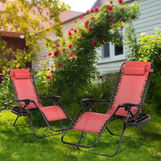 Nazhura Set of 2 Relaxing Recliners Patio Chairs Adjustable Steel Mesh Zero Gravity Lounge Chair Beach Chairs with Pillow and Cup Holder Khaki (Pink)