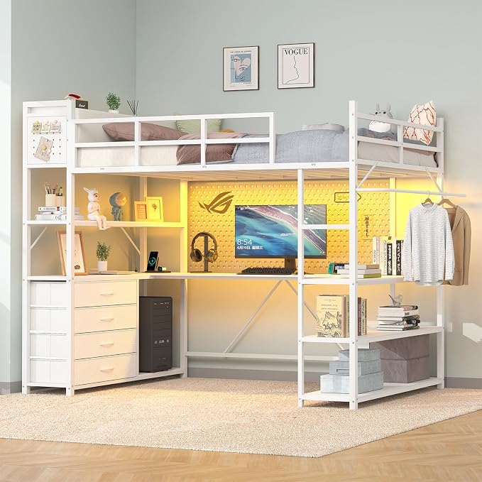 Loft Bed Twin Size with U-Shaped Desk, Metal Twin Loft Bed Frame with Storage Upholstered Headboard & LED Lights, Bunk Loft Beds with Power Outlet, Loft Beds with 4 Storage Drawers, Guard & Ladder