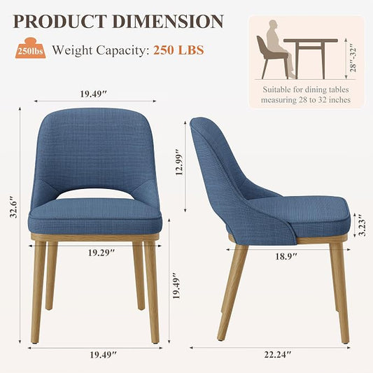 Modern Upholstered Dining Chairs Set of 2, Open Back with Solid Wood Legs, Ergonomic Curved Back Fabric Kitchen Chairs for Dining Room & Kitchen, Living Room Side Chairs, Farmhouse, Blue