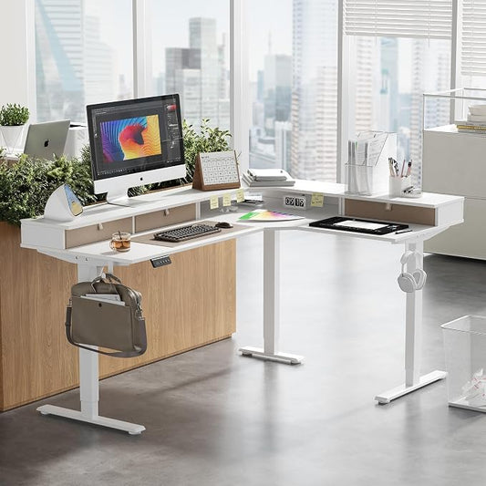CubiCubi 63x48 Inches L Shaped Standing Desk with 3 Drawers and Monitor Shelf, Height Adjustable Corner Computer Desk with Hooks, Sit Stand Up Ergonomic Home Office Workstation Table, Warm White