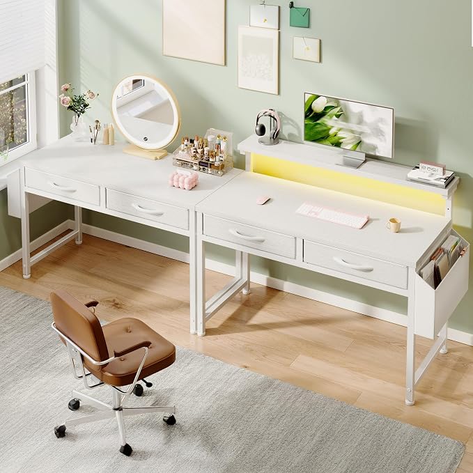 DurayLoly 32" Computer Desk with 2Drawers and Side Pocket for Teenagers,Office Desk with Monitor Stand and LED Lights, Study Writing Table with Anti-Tip Design for Small Spaces,Glacier White