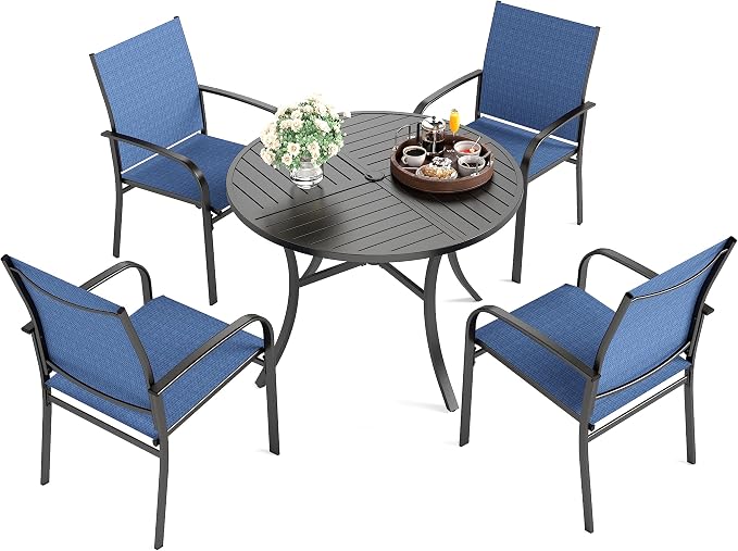 HERA'S HOUSE 5 Pieces Patio Table and Chairs Set, Outdoor Dining Furniture for 4, 42" Black Metal Round Dining Table with Umbrella Hole, 4 x Blue Textilene Chairs for Lawn Garden Backyard Deck