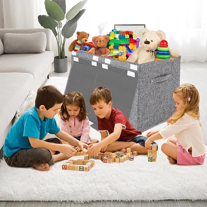 Collapsible Toy Storage Bin with Lid, 82L Large Capacity - Gray Neutral Space-Saving Organizer for Playroom, Bedroom & Nursery, Foldable Design