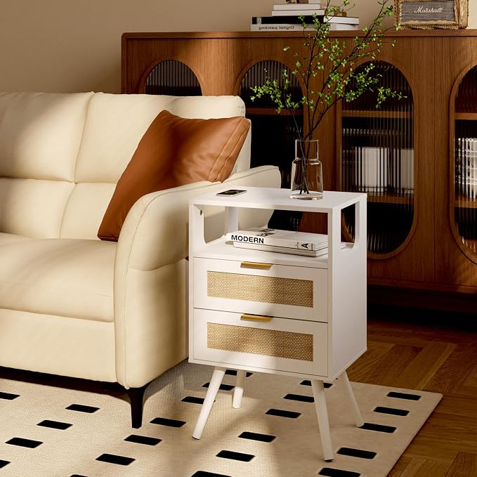 JOONEE Rattan Nightstand,Farmhouse Bedside Table with 2 Storage Drawer and Open Wood Shelf, for Bedroom and Small Spaces,Night Stand with Solid Wood Legs (White)