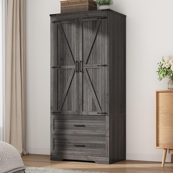 Hlivelood 2 Doors Wardrobe Armoire Closet with Doors and Drawers, Farmhouse Wooden Armoire Storage Cabinet with Shelves & Hanging Rod for Bedroom, Grey
