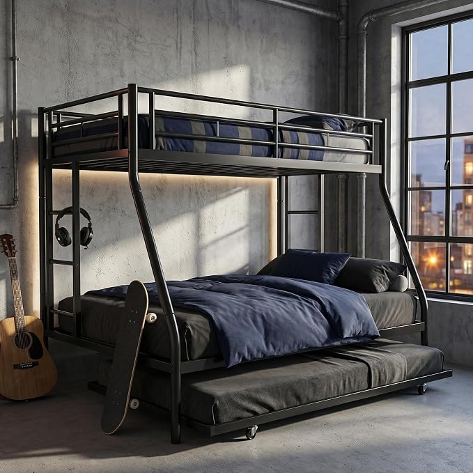 SUNLEI Metal Bunk Beds with Double Secured Ladders, Twin Over Full Bunk Bed with Surrounded Safety Guardrails, Space Saver Twin Beds, Noise Free for Small Bedroom, with Trundle, Black