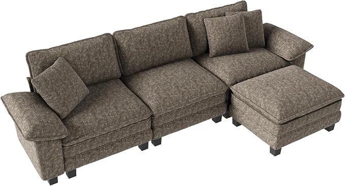 PHI VILLA Cloud Modular Couch Sets, 123.6" Sectional Sofa with L-Shaped Chaise, 4-Seater Upholstered Couches with Movable Ottoman for Living Room, Chenille Fabric, Smoky Grey