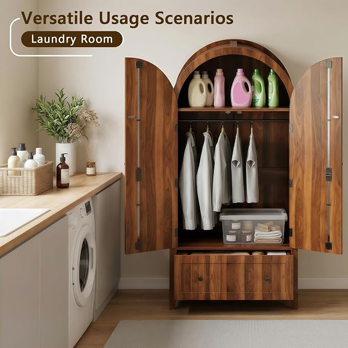 Einhomn Armoire Wardrobe Closet with Drawer & 2 Arched Doors, 70.3'' Tall Wood Closet Organizer with Hanging Rod & 3 Hooks, Large Storage Cabinet Freestanding Bedroom Admoires, Easy Assembly, Walnut