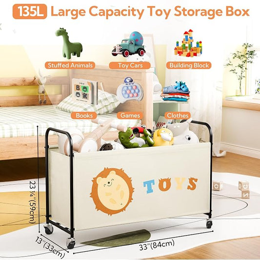GRANNY SAYS Toy Box for Boys Girls, Large Toy Chest Storage with Wheels, Metal Kids Toy Storage Organizer for Stuffed Animals, 135L Kids Toy Bins for Bedroom, Living Room, Nursery, Beige