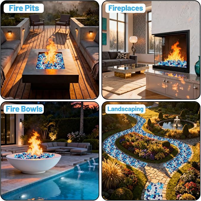 Blended Fire Glass Diamonds for Propane Fire Pit, Fireplace, and Outdoor Decoration,1 Inch Fire Pit Glass Rocks 10-Pound (Crystal Clear+Cobalt Blue+Caribbean Blue)