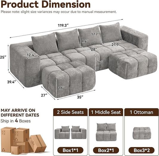 119" Boneless U-Shaped Sofa Couch with 2 Ottoman, 4 Seater Comfy Cloud Sectional Sofa with Deep Seat, Oversized Chenille Memory Foam Sectional Couches for Living Room Bedroom, Light Grey
