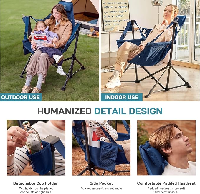 EVER ADVANCED Hammock Camping Chair, Oversized Heavy Duty Swing Chair with Detachable Cup Holder, Portable Folding Rocking Camping Chair, Support Up to 400lbs, Blue