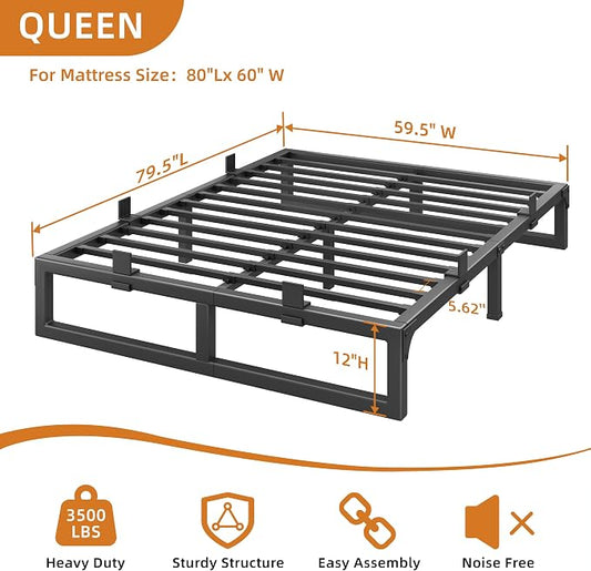 Queen Bed Frame, 12 Inch Metal Platform Bed Frames with Squeak Free U-Slot Design, 6 Non-Slip Guards, 3500lbs Heavy Duty Steel Slat Support, No Box Spring Needed, Under Bed Storage, Black