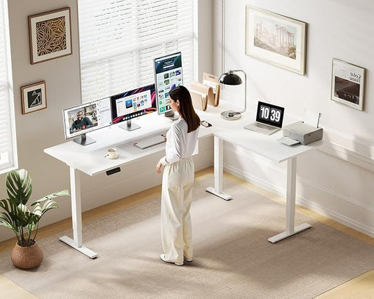 OffiGo 63 Inch Reversible L Shaped Electric Standing Desk, Height Adjustable Corner Stand up Desk, Ergonomic Large Lift Computer Table for Home, Office, Workstation, White