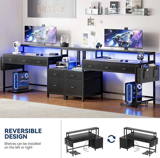 REAHOME 61 Inch Gaming Desk with Charging Station and LED Lights, Reversible Computer Desk with Storage Drawer and Monitor Stand, Modern Desk Table with File Cabinet & Side Pocket, Carbon Fiber Black