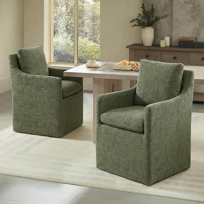 KISLOT Upholstered Dining Chairs with Casters, No Assembly Modern Accent Armchair with Rollers for Dining Room, Bedroom, Living Room, Reading Room, Already Assembled, Green, 4 Box