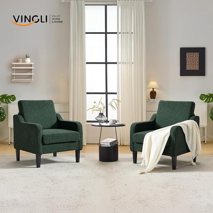 VINGLI Accent Chair for Living Room Chairs Reading Chair for Bedroom Chair Scooped Arm Chair Mid Century Modern Accent Chairs Upholstered Comfy Chair for Apartment, Waiting Room (2, Dark Green)