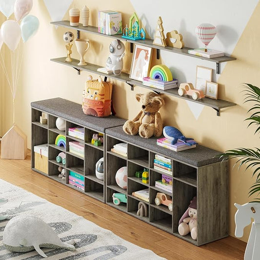 DINZI LVJ Shoe Storage Bench with Cushion, 16-Cubby Shoe Rack, Adjustable Shelves, Multifunctional Shoe Organizer Bench for Entryway, Mudroom, Hallway, Living Room, Bedroom and Garage, Gray Wash