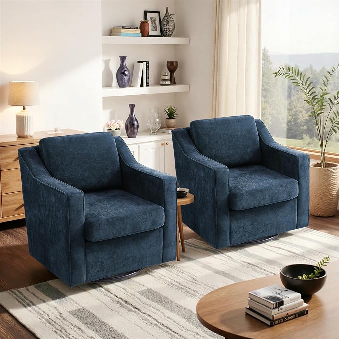 Swivel Accent Chair Set of 2, Modern Round Barrel Arm Chair for Living Room, Bedroom, Comfy Club Reading Chairs for Adults, Chenille Navy Blue