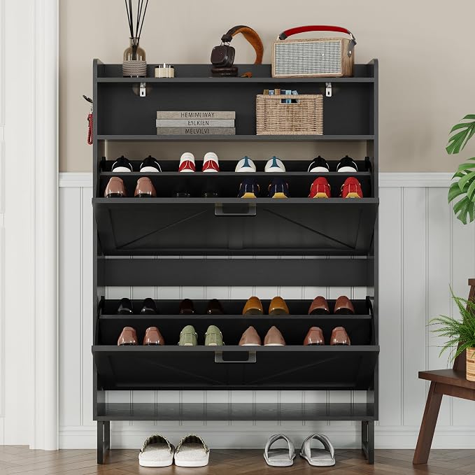 BORNOON Shoe Cabinet with 2 Flip Drawers Narrow Shoe Storage Cabinet Organizer Wooden Freestanding Rack Hidden Slim Storage for Entryway, Hallway, Living Room, Bedroom