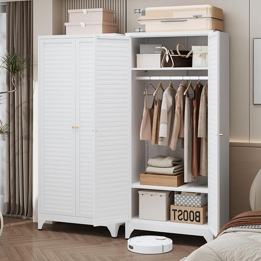 SteeLoong 71" Metal Wardrobe Cabinet with Hanging Rod, Armoire Wardrobe Closet with Doors and Adjustable Shelves, Whiet Clothing Storage Cabinets for Bedroom Office,School,Hospital
