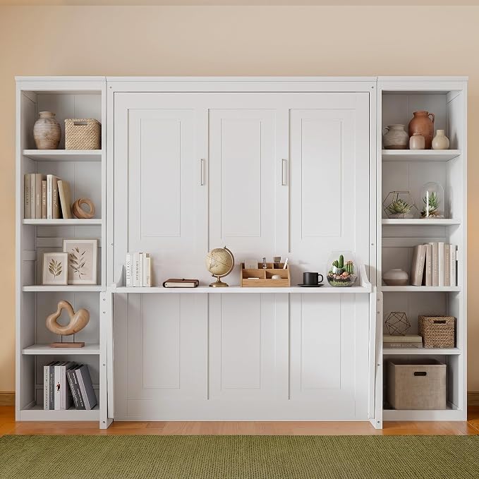 Olela Murphy Bed Queen Size with Small Desk and Bookcase, Vertical Murphy Wall Bed Cabinet Desk and Bookshelf Storage Combo, Space Saving Hideaway Beds for Home Office Guest Room, White