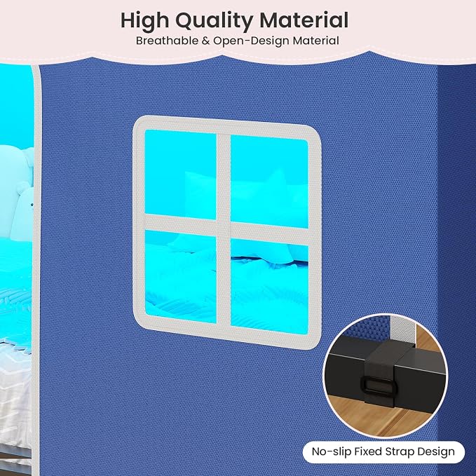BTHFST Bunk Bed Twin Over Twin with Play Curtain, House Bunk Bed with LED Lights, Metal Boys Bunk Bed with Inclined Ladder and Guardrail, Space Saving, No Box Spring Needed, Royal Blue
