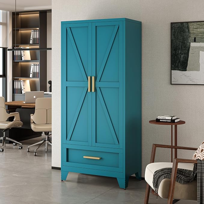 LCAOPC 71" Tall Metal Wardrobe Cabinet with Drawer and Hanging Rod, 2 Doors Armoire Wardrobe Closet with Shelf for Bedroom, Office, Laundry Room, Blue