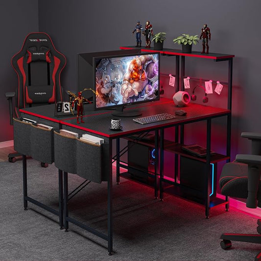 Bestier Gaming Desk with LED Lights, 44 Inch PC Gamer Desk for Small Spaces, Computer Desk with Reversible Storage Shelves & Side Storage Bag (Black 3D Carbon Fiber)