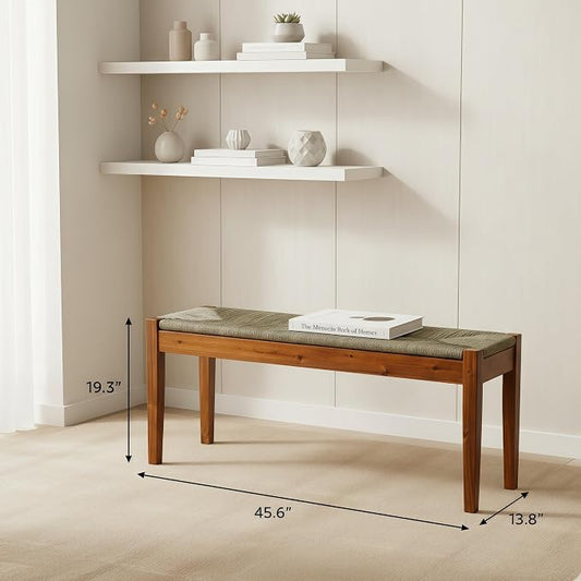 Solid Wood Acacia Indoor Bench with Natural Woven Seat, 45 Inch Wood Bench for Living Room or Entryway, Bedroom End of Bed Bench or Dining Benches, Window Bench