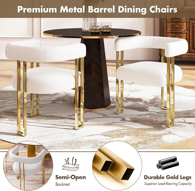 Hyfirm Set of 4 Modern White Boucle Dining Chairs with Gold Metal Legs, Mid Century Accent Upholstered Barrel Armchairs with Open-Back for Kitchen, Dining Room, Living Room, Apartment