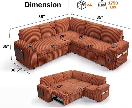 Vipbear 86" Modular Sectional Sleeper Sofa with Pull Out Bed, 5 Seat Plush Corduroy L Shaped Couch with Storage Seat|USB Ports|Cup Holders|Side Table|Storage Armrests, Tool Free Assembly, Orange