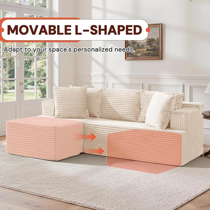 Korser Boneless Couches for Living Room, Cloud Couch Sectional with Ottoman, L-Shaped Sofa with Fluffy Comfy Corduroy Deep Seat, Bedroom, Apartment, No Assembly Required
