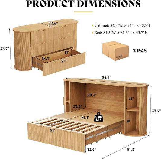 AMERLIFE Queen Murphy Bed with Storage Bedside Shelves & Sliding Tambour Door, Modern Cabinet Bed with Charging Station & Curved Fluted Design for Bedroom/Guest/Home Office, Natural Oak