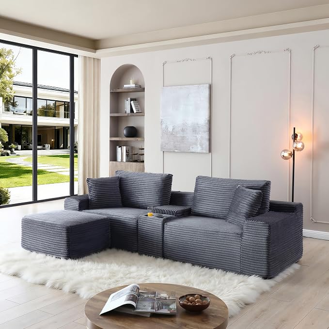 ivoros 111 Inch Modular Sectional Sofa Couch, Oversized Modern Cloud Couch for Living Room, L Shape Couches with Ottomans, USB Ports and Cup Holders, Grey Corduroy Boneless Sofas, Sofa in a Box