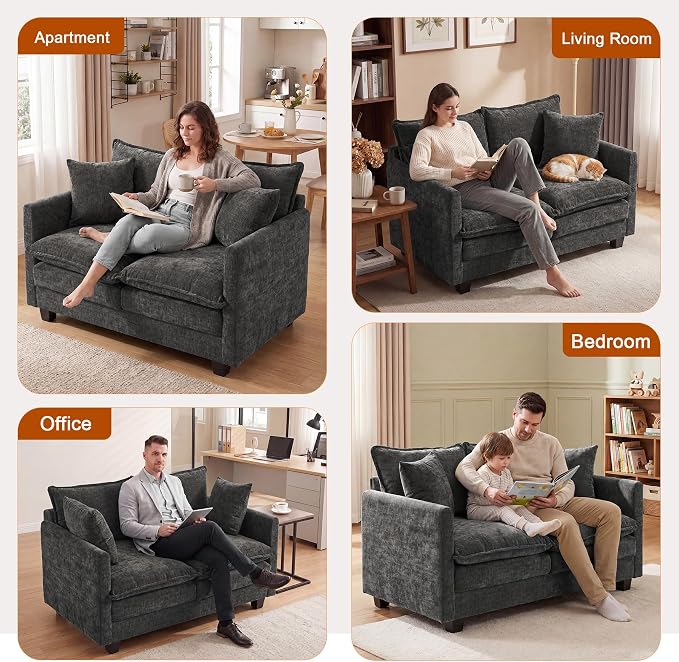 50'' Loveseat Sofa Cloud Sofa Couch, Modern Loveseats 2 Seat Couch 27" Deep Seat with 2 Pillows for Small Spaces Apartment Studio Office Bedroom Living Room, Grey
