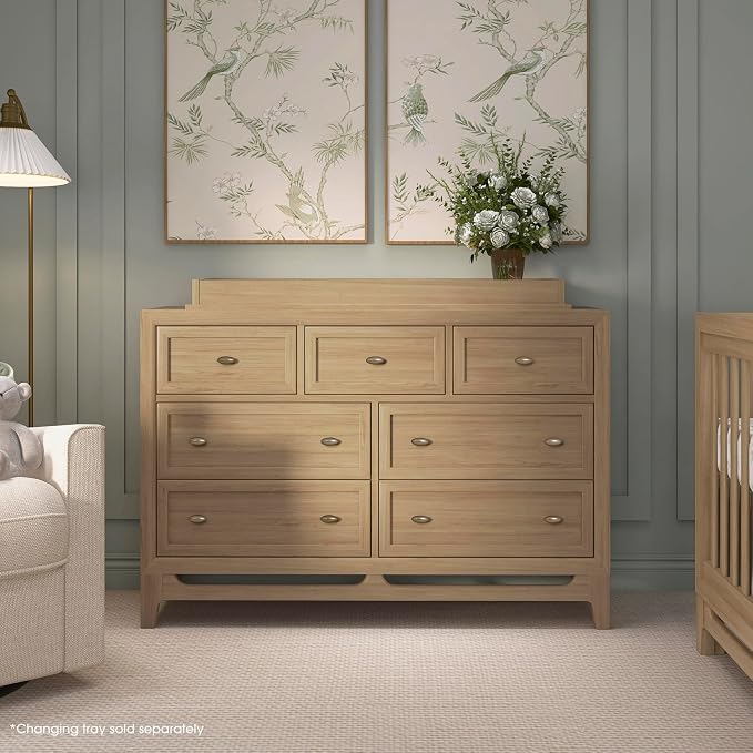 Evolur Bradford 7-Drawer Double Dresser – Nursery & Kids Bedroom Storage Organizer, Pine Wood Baby Changing Dresser, Smooth Glide Drawers - Alpine Oak