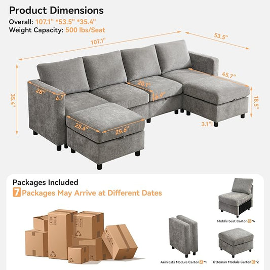 WUTUTUEE 107”Modular Sectional Sofa Convertible U Shaped Sofa Couch Set with Storage for Living Room, Modern 6 Seater Modular Sectional Couch with Movable Ottoman, Chenille(Light Grey)