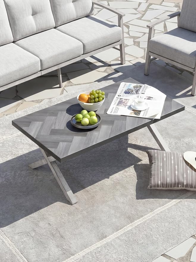Aluminum Outdoor Coffee Table, Never Rusts Rectangle Patio Coffee Table with Resin Tabletop, Aluminum Outdoor Furniture Coffee Table for Patio, Poolside, Garden, Balcony, White Oak