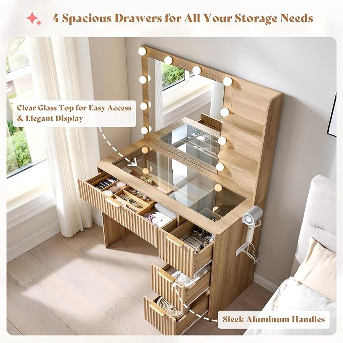 AMERLIFE 36.2" Fluted Vanity Desk with Mirror and Adjustable LED Lights, Large 4 Drawers Makeup Vanity Table with Glass Top and Charging Station for Women and Girls, Bedroom or Dorm, Natural Oak