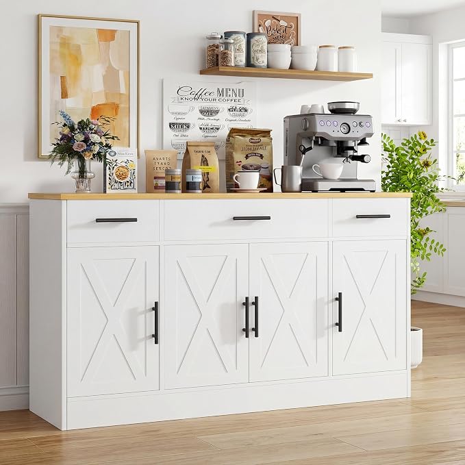 Vongrasig Buffet Cabinet with Storage, Farmhouse Coffee Bar Cabinet with Drawers, 53” Large Modern Sideboard Buffet with Adjustable Shelves for Kitchen, Dining Room, White
