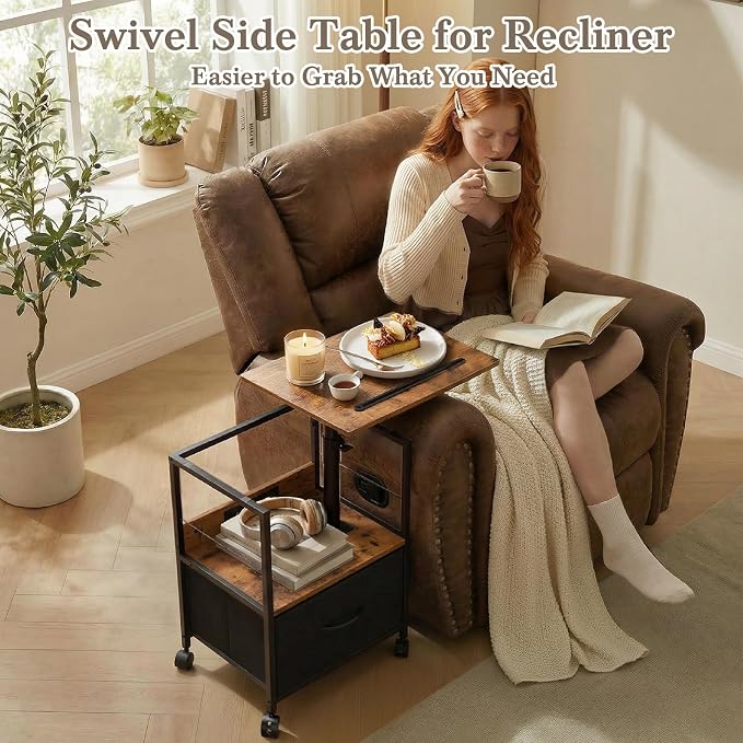 Faesun Swivel Lift Top Nightstand with Charging Station, Rolling Side Table for Recliner, Bedside Table with Wheels & a Fabric Drawer, for Small Spaces, for Bedroom, Living Room, Brown Black