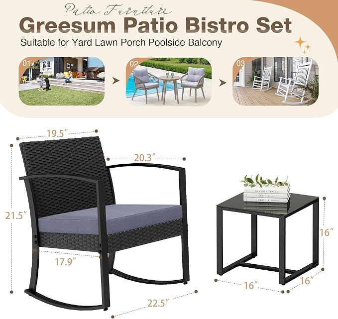 Greesum 3 Pieces Outdoor Furniture Set Patio Bistro Rocking Chairs with Glass Coffee Table for Pool Beach Backyard Balcony Porch Deck Garden, Gray