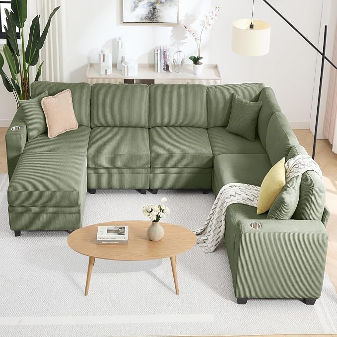 127" Modular Sectional Sofa with Storage, Corduroy 7-Seater V-Shaped Sofa with Ottoman Chaise, Convertible L-Shaped U-Shaped Cloud Sectional Couches for Living Room, Apartment