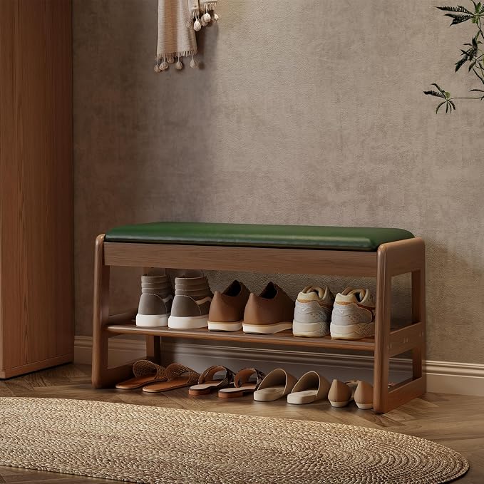 AQIMUELE Shoe Rack Bench,2 Tiers Shoe Bench with Storage with Flip-Top,Wood Shoe Rack for Entryway,Hallway(Green Upholstered Seat,11.8" D x 31.5" W x 15.7" H)