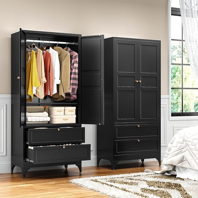 BYNSOE Metal Armoire Wardrobe Closet with 2 Drawers 71'' Wardrobe Cabinet with Drawers and Hanging Rail Metal Closet with Adjustable Shelves for Bedroom. (Black, with 2 Drawers)