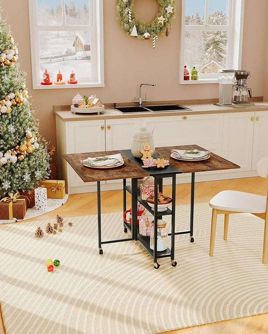 CHOEZON Folding Dining Table, Movable Dining Table, Expandable Kitchen Table, Versatile Table with 6 Wheels and 2-Tier Shelf, for Dining, Living Room, Apartment, Rustic Brown TCZ01BF