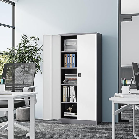 Fesbos Metal Storage Cabinet-72” Tall Steel File Cabinets with Lockable Doors and Adjustable Shelves-White&Gray Steel Storage Cabinet for Home Kitchen, Office, Garage