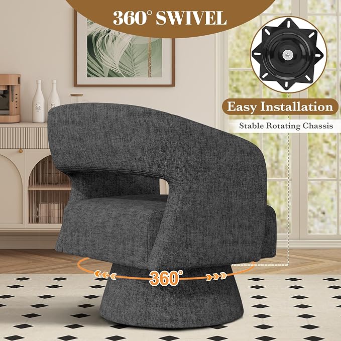 Luxanimarion Swivel Barrel Accent Chair,Oversized Chenille Upholstered Round Swivel Chair,Modern Luxury 360 Degree Living Room Vanity Chair for Bedroom Office,Black,1PCS